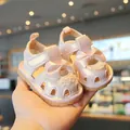 Lovely pink baby girl walker sandals with decorative bow and lace on soft anti-slip sole - Size 17 (Inner Length 12cm) / Pink