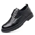Chaussures richelieu classiques en cuir noir pour hommes avec perforations respirantes - Noir Ajouré