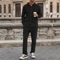 Men's casual black corduroy two-piece set featuring long-sleeve shirt and matching pants. - S / Top And Bottom / Black