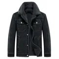 Detaillierte Nahaufnahme der schwarzen Herren-Jeansjacke mit warmem Sherpa-Futter - M / Oberteile / Schwarz und Grau