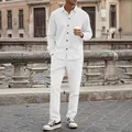 Men's casual white corduroy two-piece set with long sleeve button shirt and pants - S / Top And Bottom / White