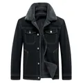 Men's black denim jacket with thick grey fleece lining for winter warmth and style. - M / Tops / Black
