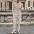 Full body detail view of beige corduroy men's casual button-down shirt and pants set - S / Top And Bottom / Khaki