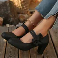 Elegantes zapatos Mary Jane negros con doble correa lazo y tacón ancho para mujer - Negro