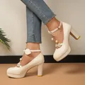 Sweet cream colored platform pumps with block heel and elegant pearl flower accents - 35 / Beige