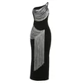 Elegante vestido largo negro de un solo hombro con retales de flecos metálicos plateados - S / Vestidos / Negro
