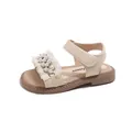 Elegant beige girls' sandals with pearl embellishments and delicate lace ruffles - Size 23 (Inner 15.8cm) / Off White