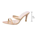 Detailed side view showing 9cm high heel height on beige pointed toe mule sandals for women - Apricot
