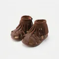Toddler girls non-slip brown Roman leather sandals with stylish tassels and soft soles - Size 16 / Tassel Sandals / Brown (26089)