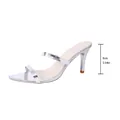 Silver metallic stiletto sandals with pointed toe showing 9cm heel height detail. - Silver