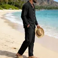 Conjunto casual negro para hombre con camisa de manga larga y pantalón para la playa - Negro