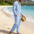 Conjunto de vacaciones para hombre con camisa de lino azul claro y pantalón largo - Azul claro