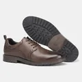 Detail view of brown leather oxfords showing textured upper and anti-slip rubber sole. - Dark Brown (KD826)