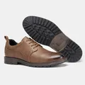 Side profile and sole detail view of men's burnished brown dress shoes with brogues - Dark Brown (KD821)