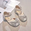 Elegant champagne glitter girls' princess sandals with pearl bow and ankle strap - 26 / Princess Style Sandals (CL-A089) / Off White