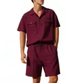 Macro view of men's burgundy waffle knit short sleeve shirt and matching shorts casual set - S / Top And Bottom / Burgundy