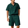 Casual dark green waffle knit short sleeve shirt and matching shorts set for men - Dark Green