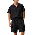 Detail view of a model wearing a black men's waffle knit shirt and matching shorts set - S / Top And Bottom / Black