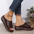 Close-up of peep-toe brown wedge sandals featuring thick platform soles and wood-grain texture - Coffee