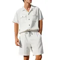 Detailed view of men's white waffle-knit short sleeve shirt and matching drawstring shorts set. - S / Top And Bottom / White