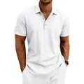 Detailansicht eines weißen, atmungsaktiven Herren-Leinenpoloshirts mit Holzknöpfen. - Weiß