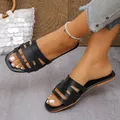 Stylische flache Damen-Pantoletten in Schwarz mit mehreren Riemen und sommerlichem Design - 36 / Schwarz