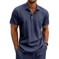 Atmungsaktives Herren-Polohemd aus Leinen in Marineblau, Detail der feinen Stofftextur - Marineblau