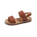 Stylish brown woven strap summer sandals for girls featuring a soft flat rubber sole - 21 / Brown