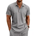Nahaufnahme von grauem Herren-Kurzarm-Poloshirt mit Leinentextur und Revers - Dunkelgrau