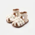 Cream toddler girl sandals with delicate white floral decorations and soft rubber sole - Size 16 / Flower Sandals / Beige (26058)
