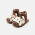 Brown toddler girls' soft sole sandals featuring 3D white flower appliqué for summer - Size 16 / Flower Sandals / Brown (26058)