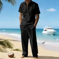 Men's black linen short sleeve shirt and trousers beach set worn on model - S / Top And Bottom / Black