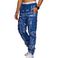 Detailed view of men's blue paisley cargo pants featuring a loose high street hip-hop style - S / Bottoms / Sapphire Blue