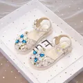 Elegant beige girl's princess sandals featuring blue crystal flower and pearl straps - 23 / Blue