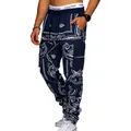 Detail view of men's navy paisley cargo pants with multi-pocket hip-hop high street style - S / Bottoms / Navy Blue