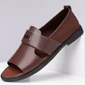 Modern brown men's casual leather sandals featuring an open-toe design and durable non-slip sole - 38 / Brown