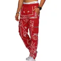 Detailed view of red paisley print cargo pants with streetwear multi-pocket design - S / Bottoms / Red