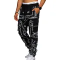 Men's hip-hop cargo pants with black and white paisley pattern and side pockets - S / Bottoms / Black