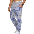 Macro view of grey men's cargo pants featuring blue paisley print and utility pockets - Gray
