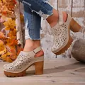Vintage beige laser-cut hollow-out chunky heel platform mules for women with autumn vibes - 36 / Khaki