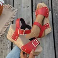 Summer stylish red faux leather platform wedge sandals for women with rivets and buckles. - Red