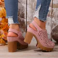 Vintage pink hollow chunky heel mules with platform and closed toe design for women - 36 / Pink