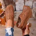 Stylish vintage brown hollow-out chunky heel mule shoes with retro platform design - 36 / Tan