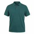 Detail view of men's waffle knit polo shirt in dark green showing collar and chest pocket - Green