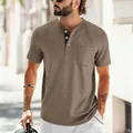 Detail view of a men's brown short sleeve slim fit Henley t-shirt with a front pocket - S / Tops / Khaki