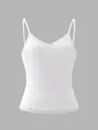 Close-up of white ribbed camisole with delicate lace trim on V-neckline and hem - S / Tops / White