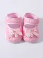 Detailed view of pink lace baby girl princess shoes with bow and pearl charms - Size 11 (Inner Length 10.5cm) / Pink