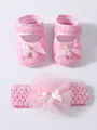 Hübsche rosa Babyschuhe aus Spitze und passendes Blumenstirnband Set für Neugeborene - Rosa