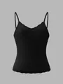 Close-up of black ribbed V-neck camisole with delicate lace trim at neckline and hem - S / Tops / Black
