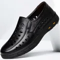 Men's casual black genuine leather loafers featuring breathable perforated design and soft sole - 38 / Hole Pattern / Black